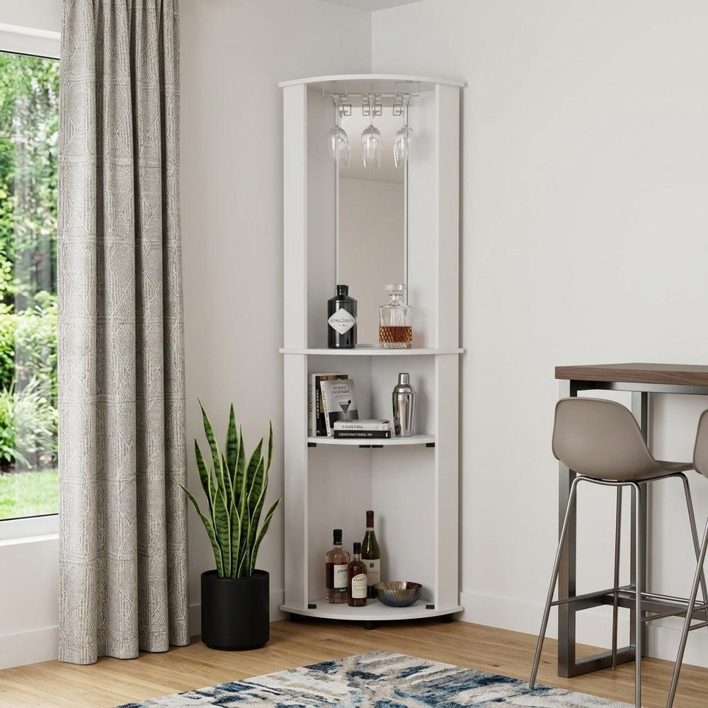 75" White Wood Corner Bar Cabinet With Three Shelves