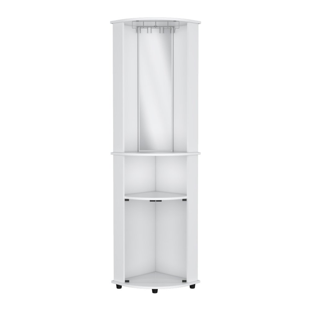 White wood corner bar cabinet with three shelves and a mirror, on a white background.