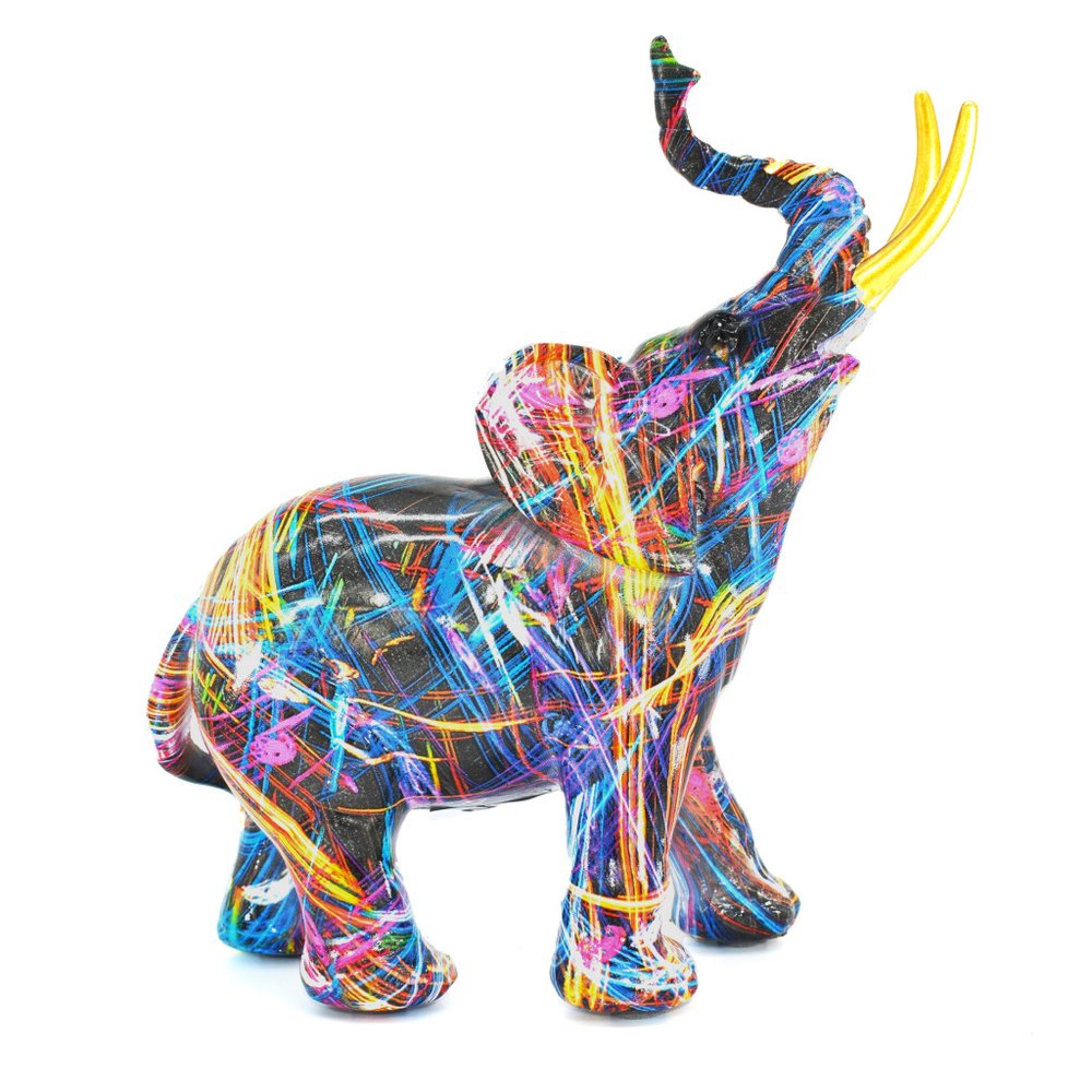 7" Blue Yellow And Pink Resin Elephant Tabletop Sculpture on a white background