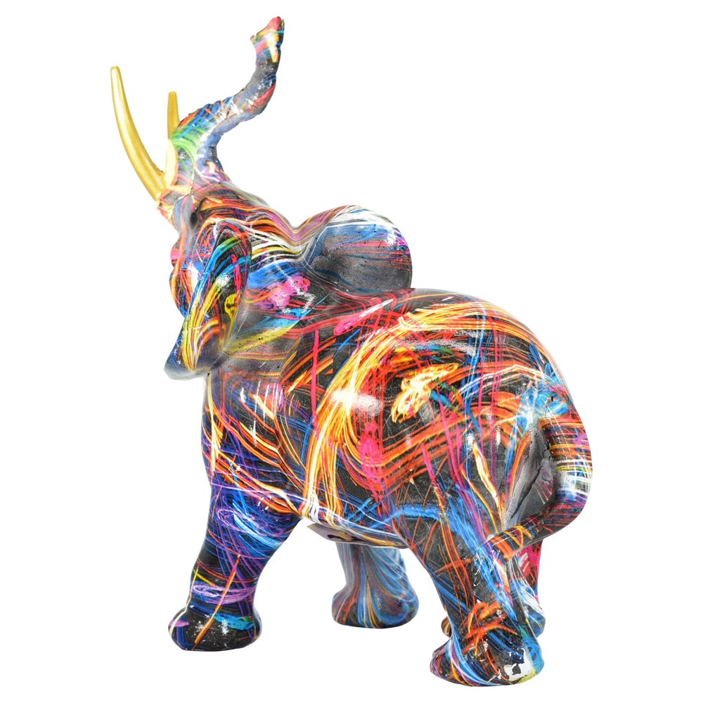 7" Blue Yellow And Pink Resin Elephant Tabletop Sculpture on a white background