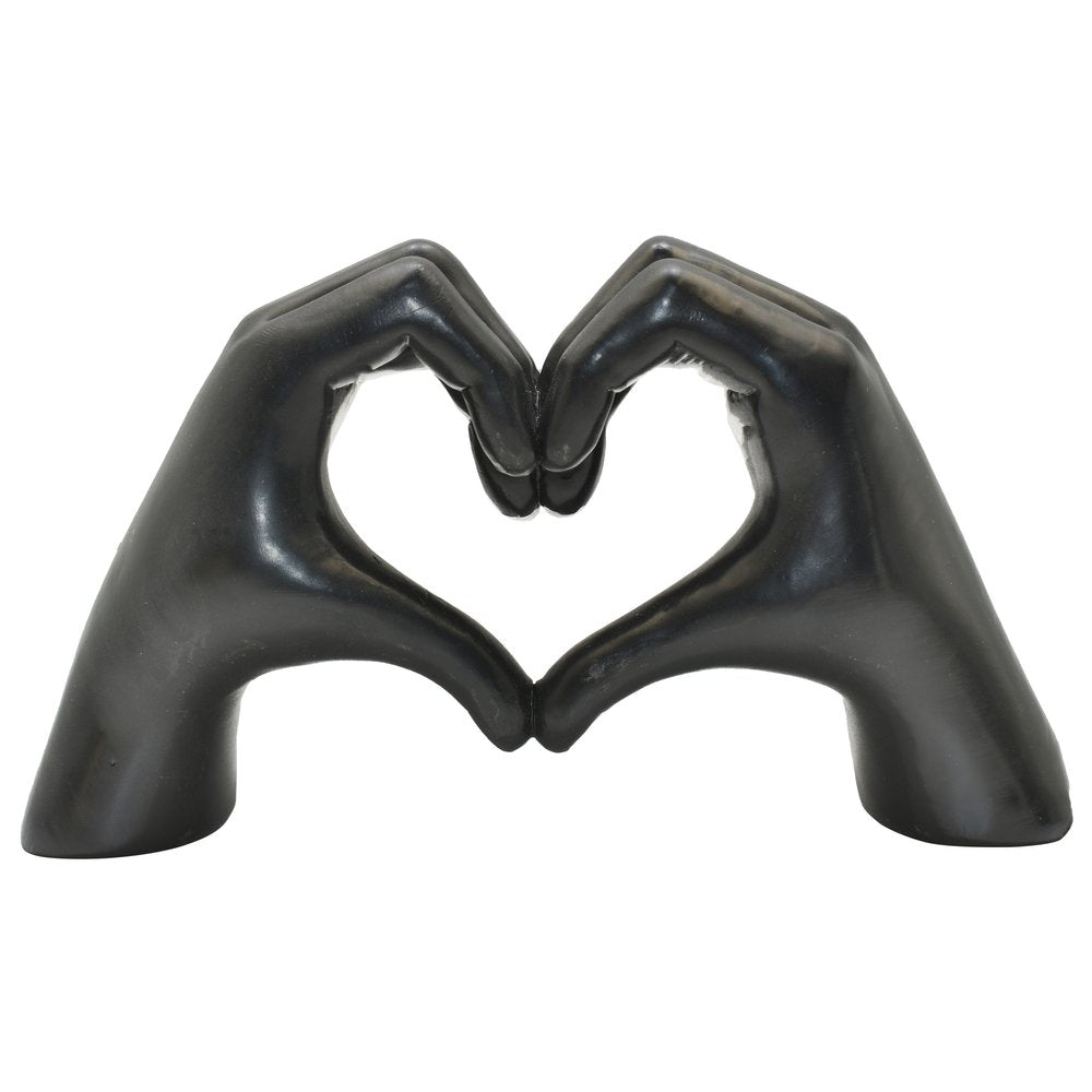 4" Black Resin Heart Hands Tabletop Sculpture. Sculpture isolated on a plain white background, in a black resin finish.