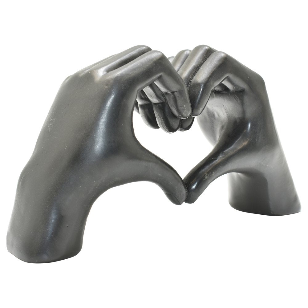 4" Black Resin Heart Hands Tabletop Sculpture. Sculpture isolated on a plain white background, finished in black resin.