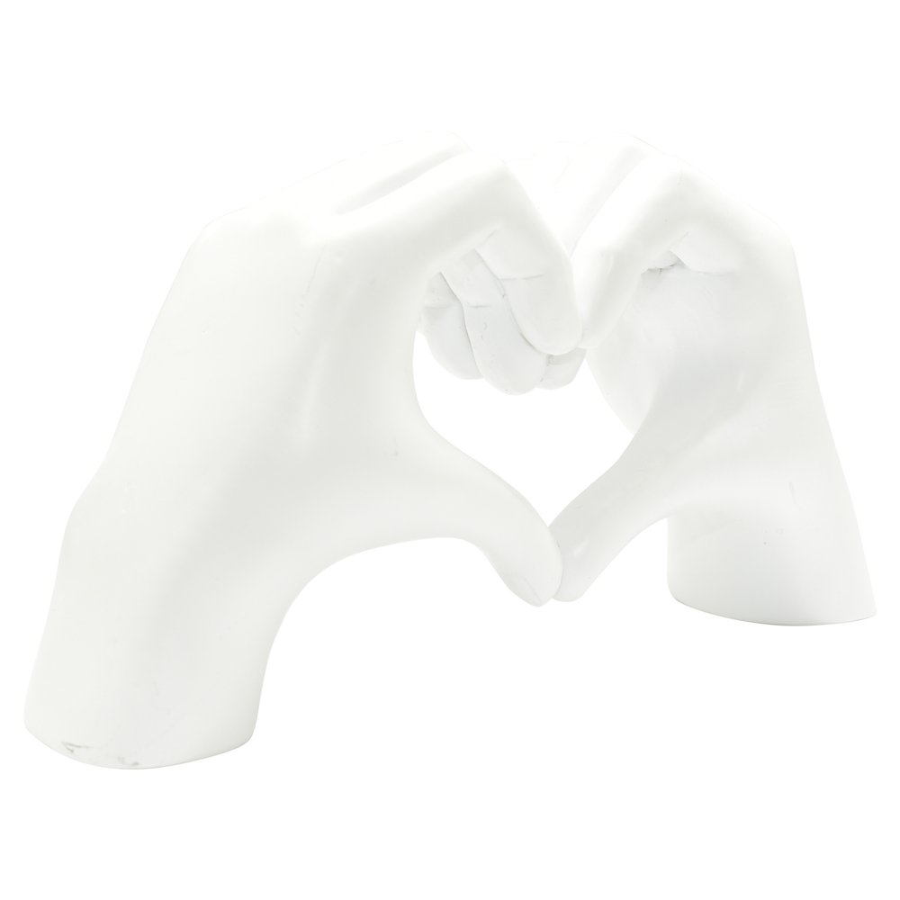 4" White Resin Heart Hands Tabletop Sculpture. Sculpture isolated on a plain white background, showing a white resin surface.