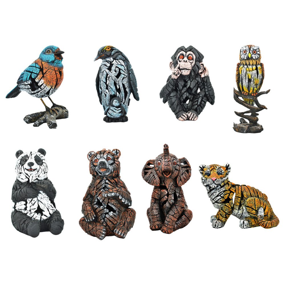 Set of Eight Brown White And Black Resin Panda, Bird, Bear, Monkey, Penguin, Elephant, Tiger, Owl Tabletop Sculpture