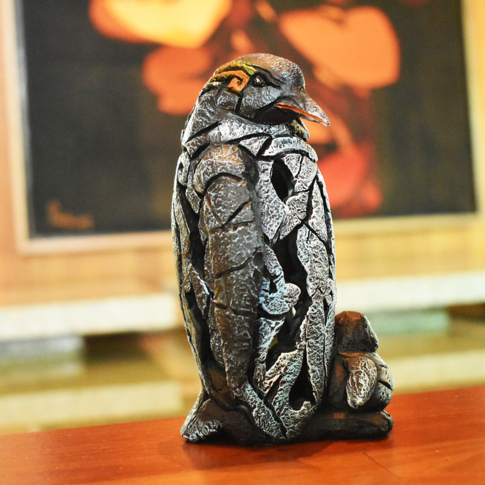 6" Black Blue And Orange Resin Penguin Tabletop Sculpture