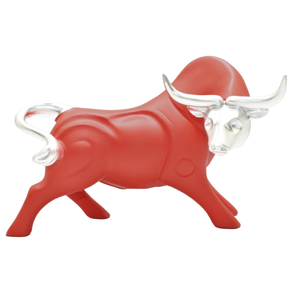 5" Red And Silver Resin Bull Tabletop Sculpture