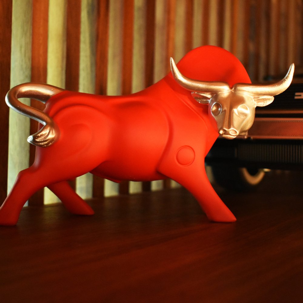 5" Red And Silver Resin Bull Tabletop Sculpture