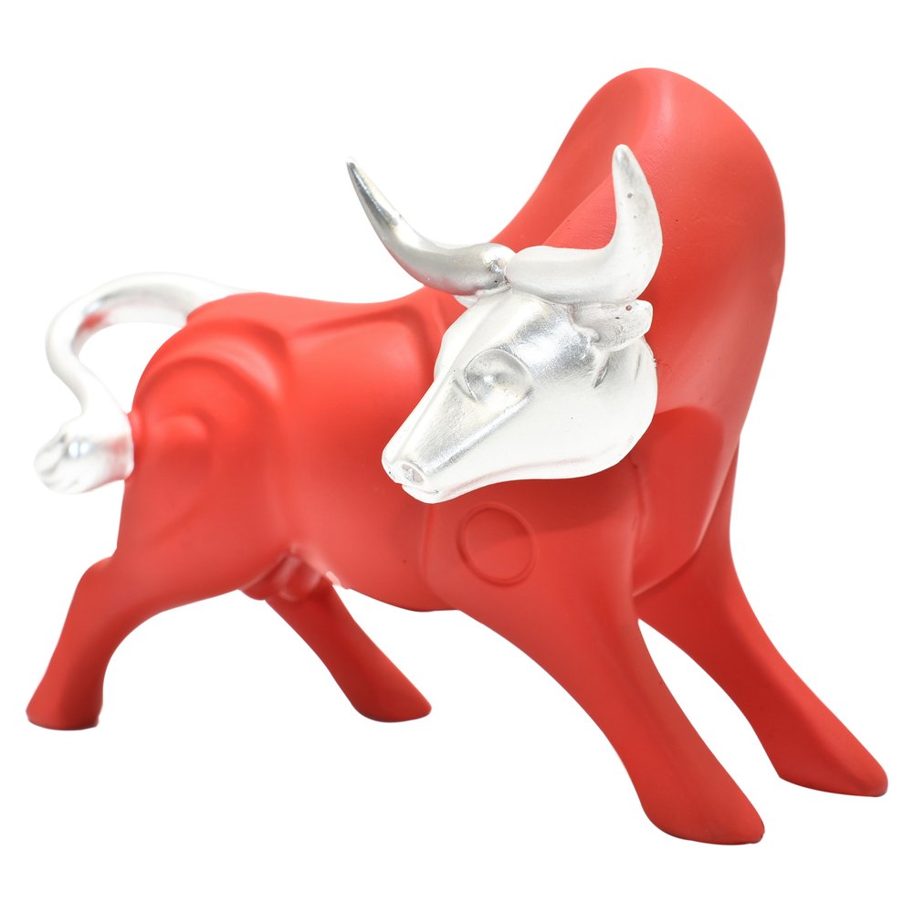 5" Red And Silver Resin Bull Tabletop Sculpture