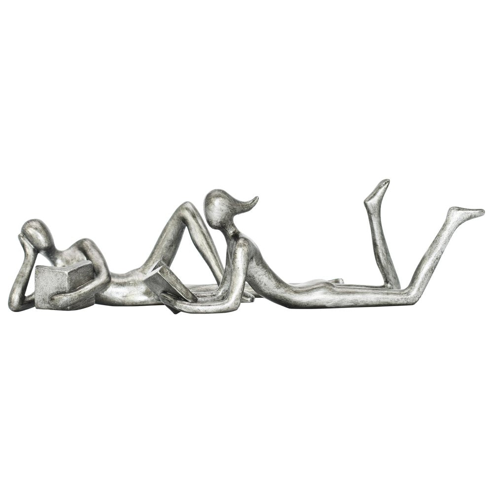 Set of Two Pewter Resin People Tabletop Sculpture on a white background