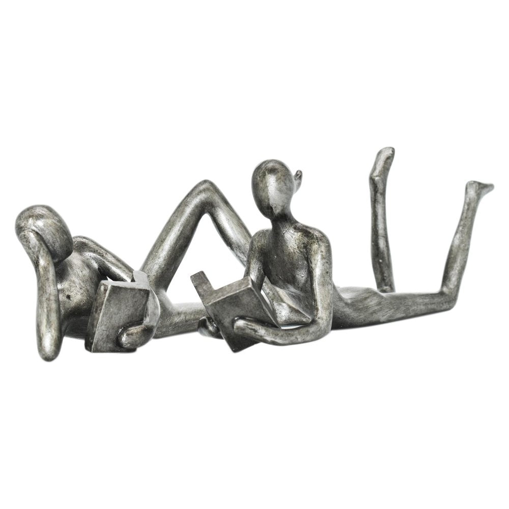 Set of Two Pewter Resin People Tabletop Sculpture on a white background