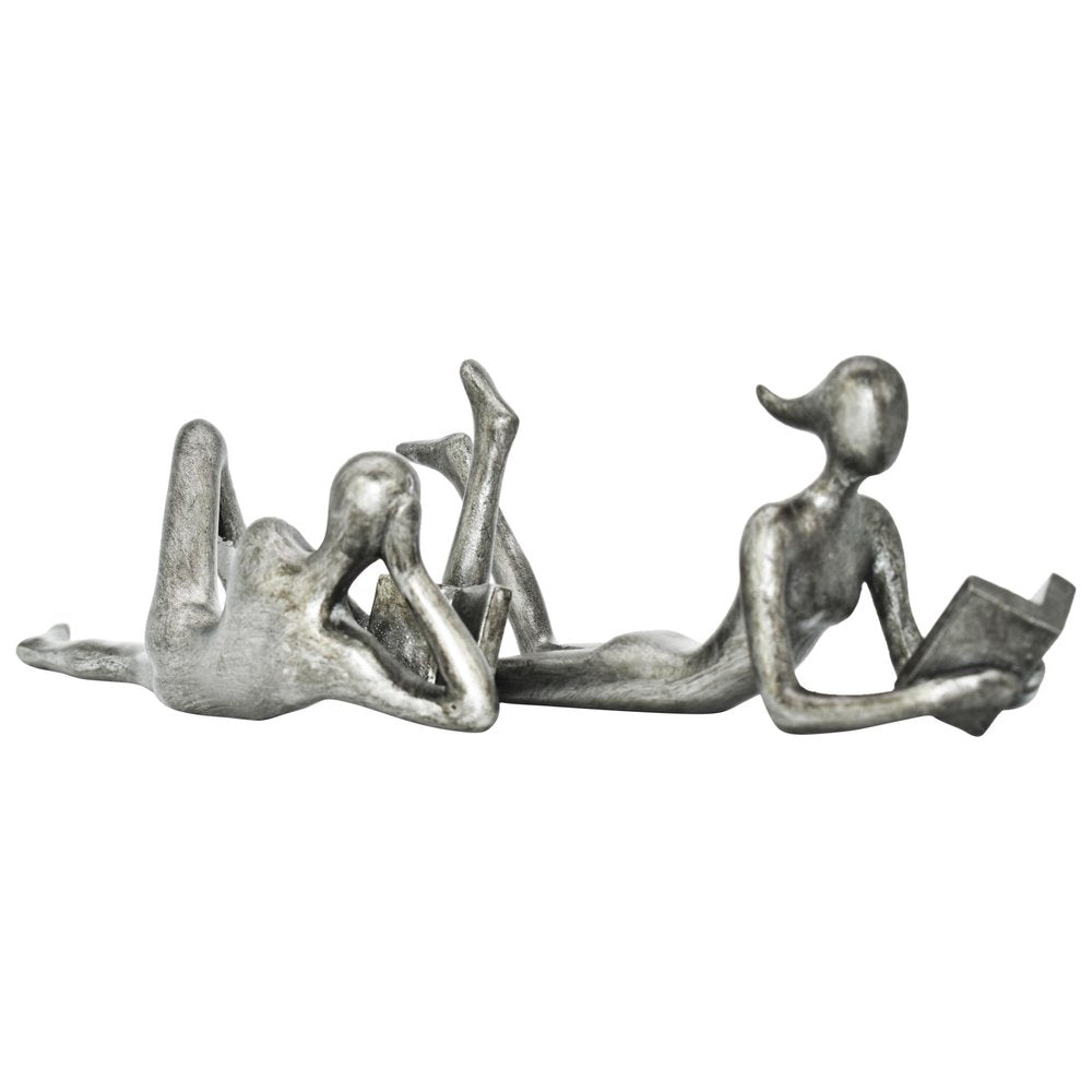 Set of Two Pewter Resin People Tabletop Sculpture on a white background