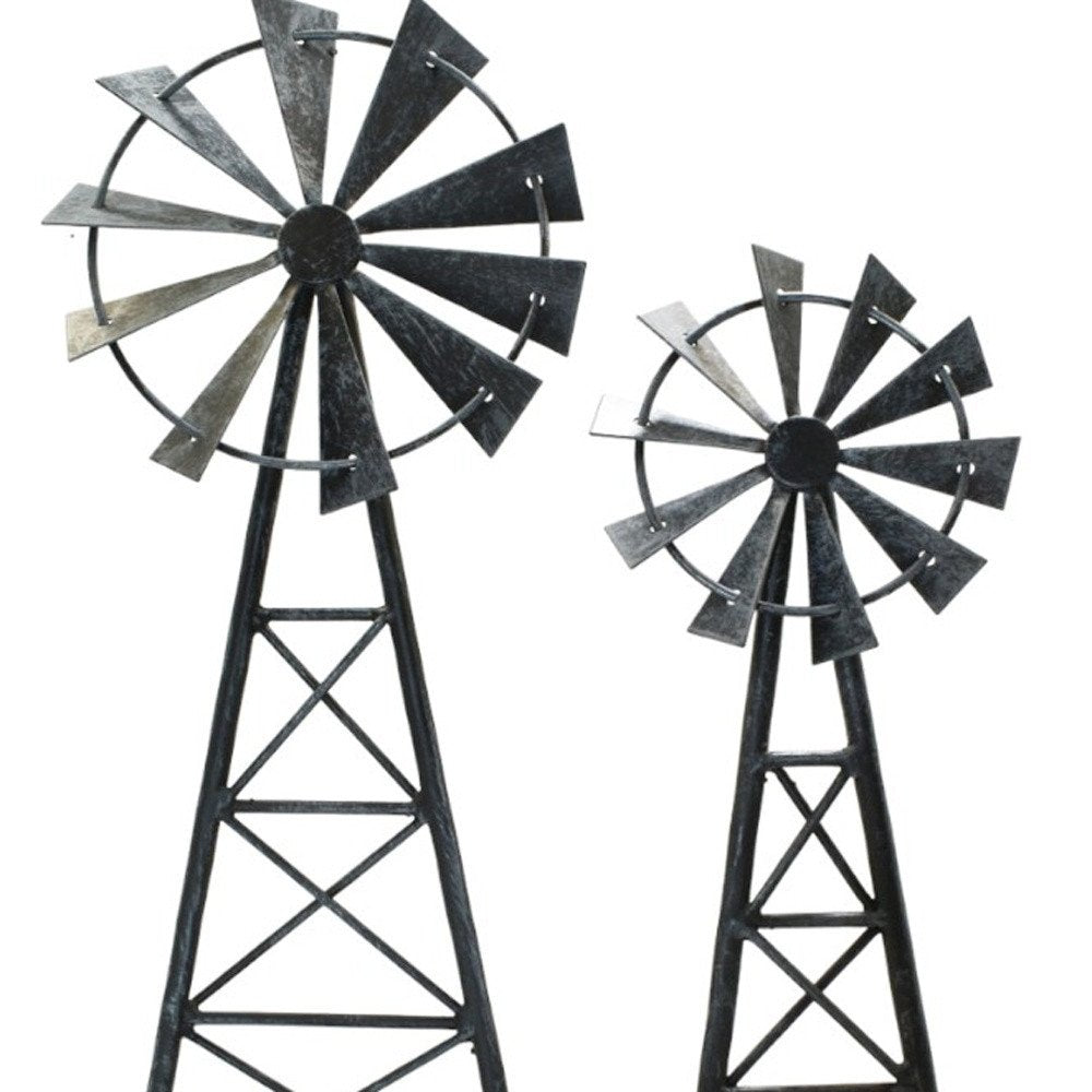 Set of Two Pewter Metal Windmill Tabletop Sculpture on a white background
