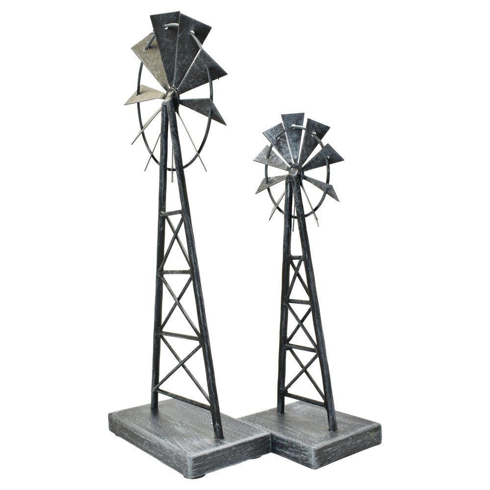 Set of Two Pewter Metal Windmill Tabletop Sculpture on a white background