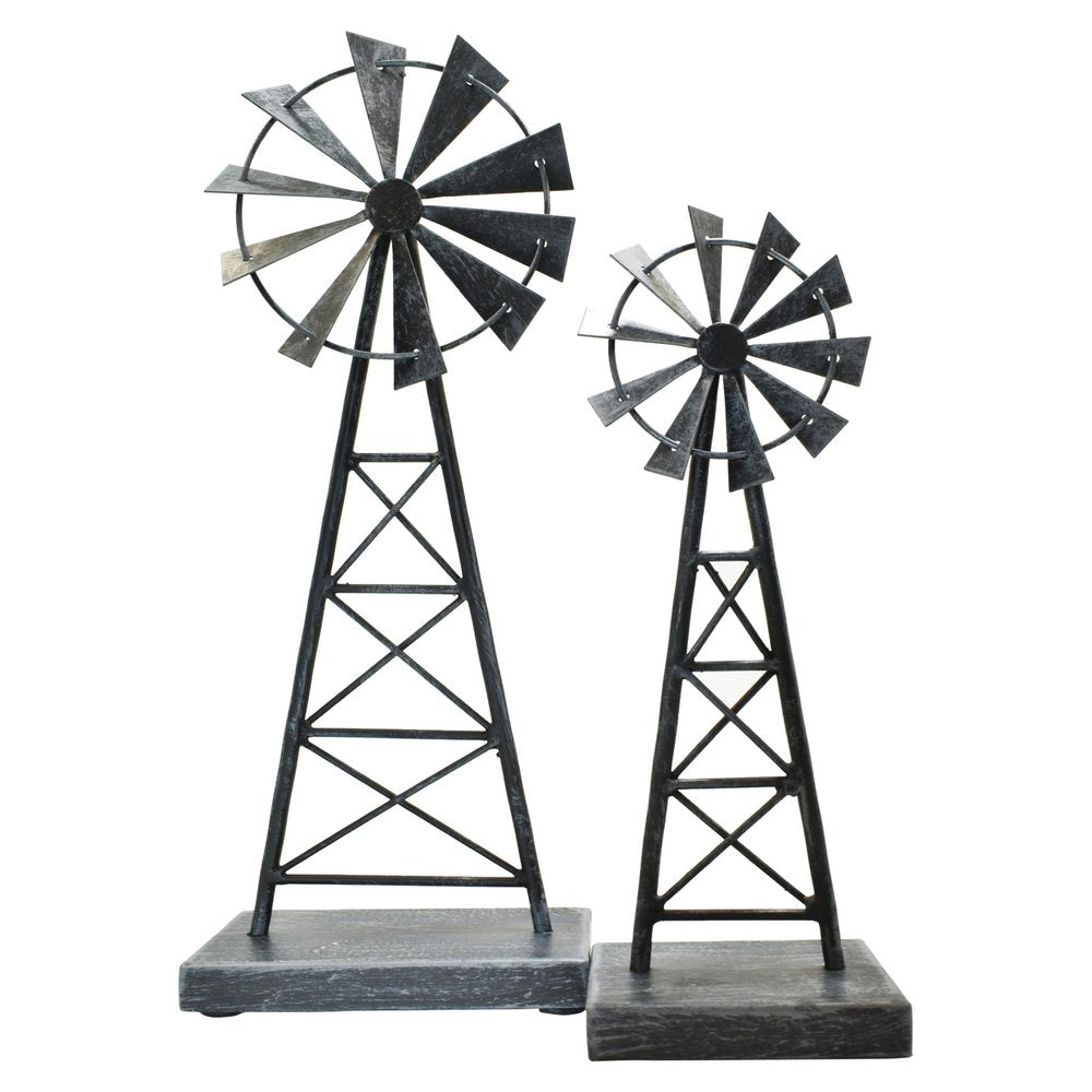 Set of Two Pewter Metal Windmill Tabletop Sculpture on a white background