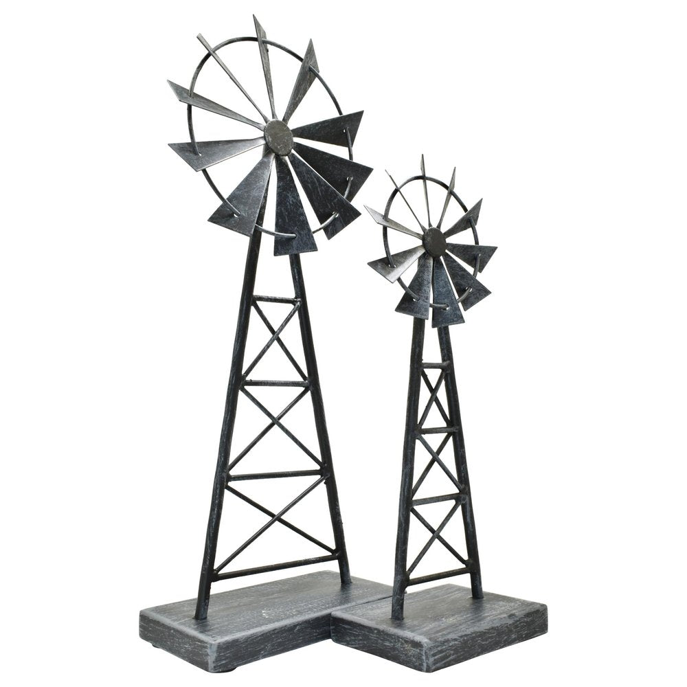 Set of Two Pewter Metal Windmill Tabletop Sculpture on a white background
