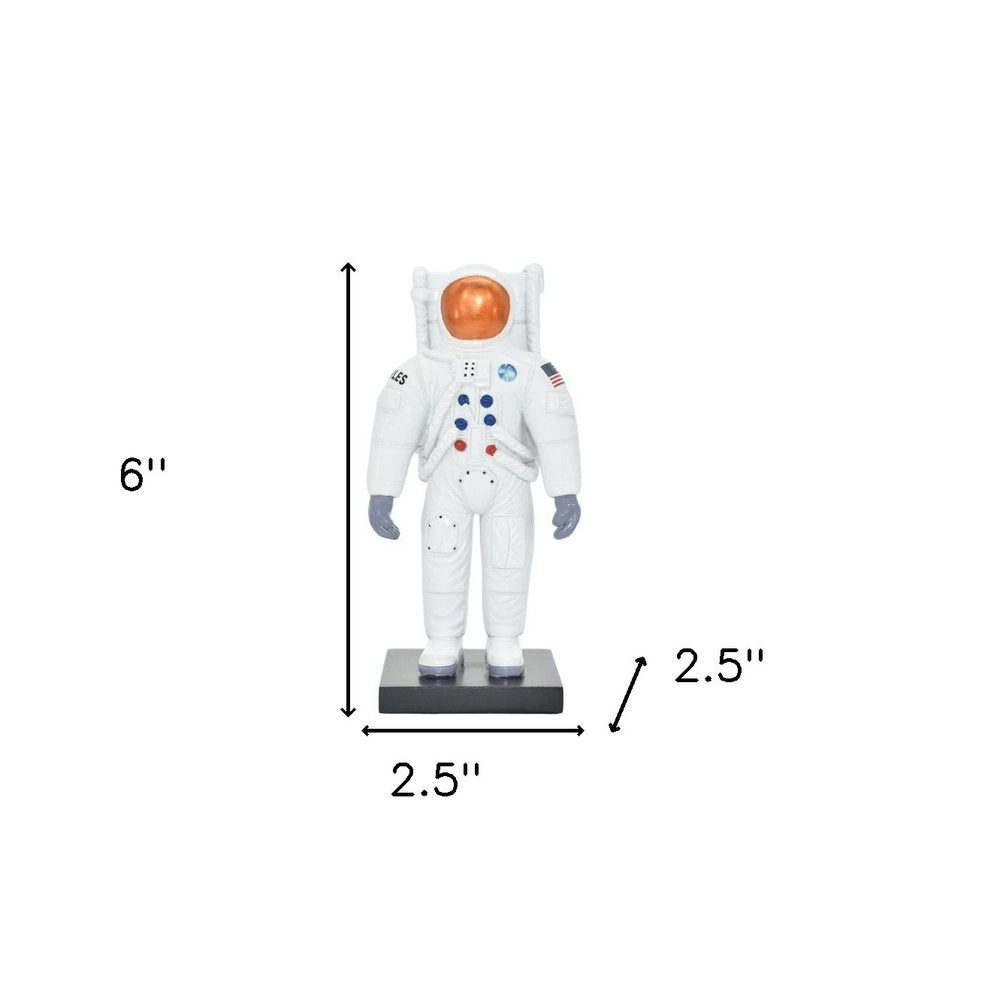 6" White Resin USA Astronaut Tabletop Sculpture. Sculpture isolated on a plain white background, in a white resin finish.