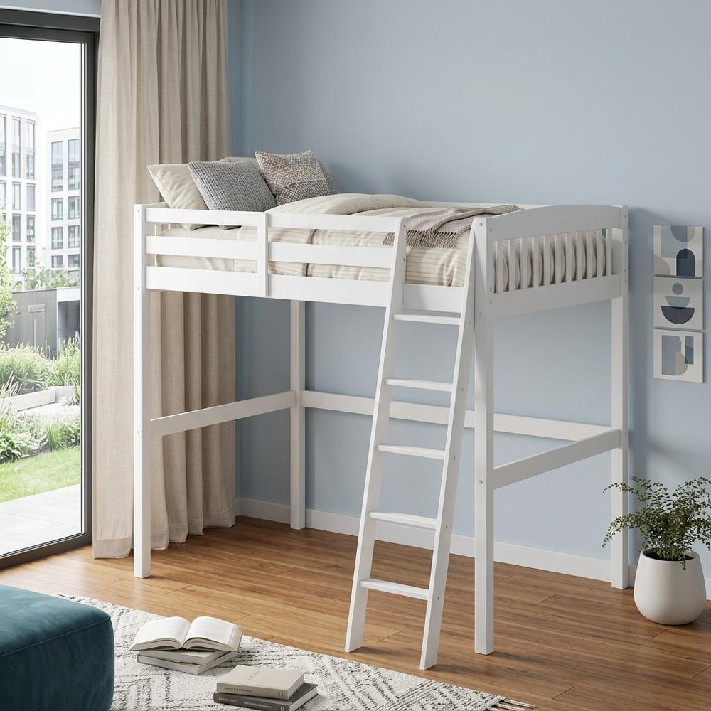 White Slat Solid Wood Full Double Loft Bed
