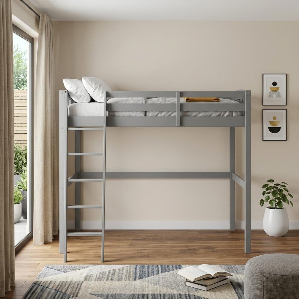 Gray Slat Solid Wood Full Double Loft Bed