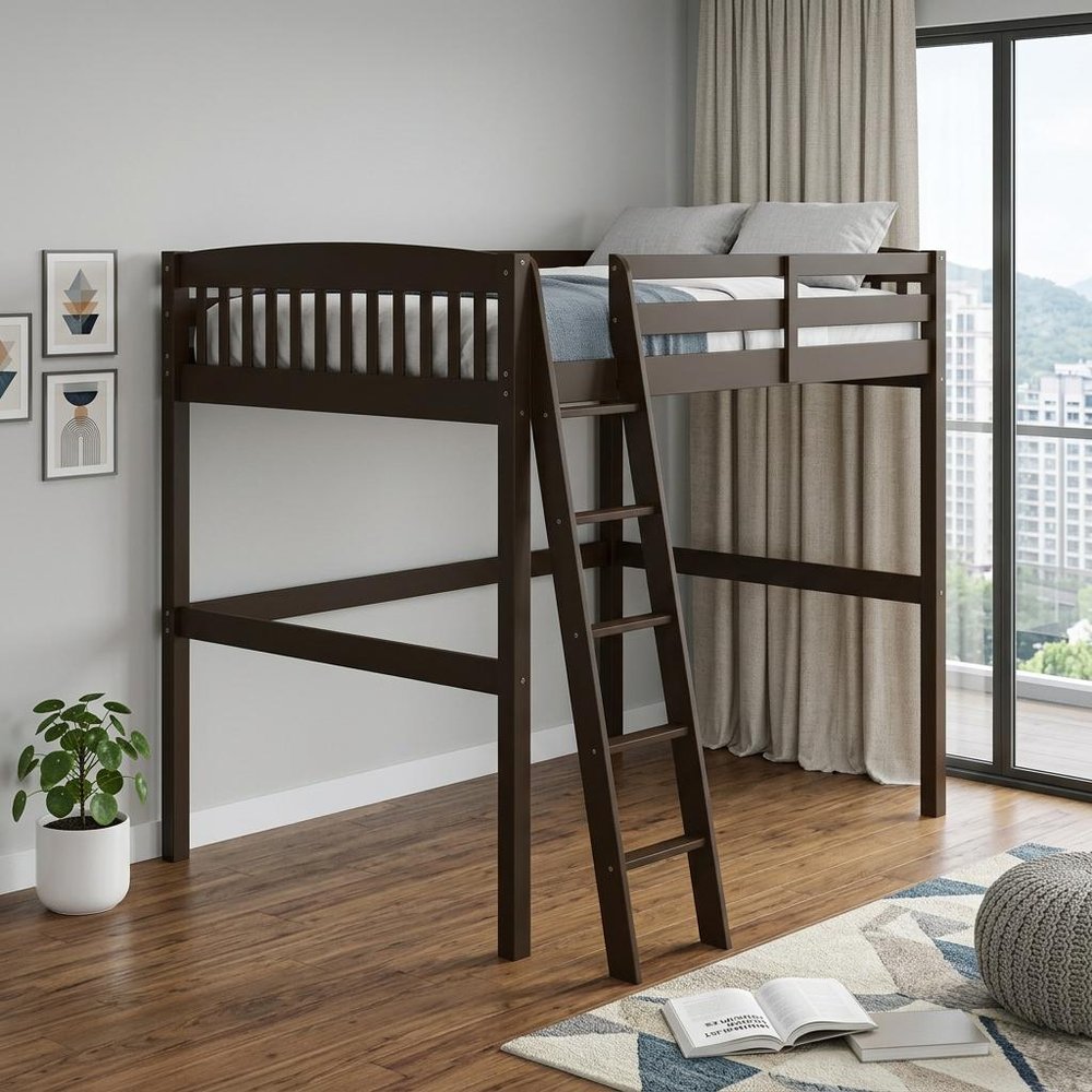 Brown Slat Solid Wood Full Double Loft Bed