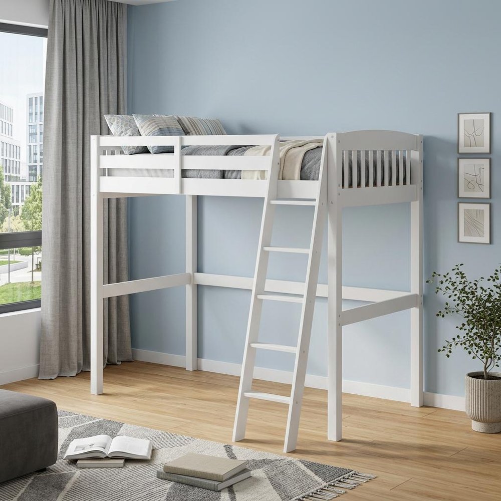 White Slat Solid Wood Twin Loft Bed