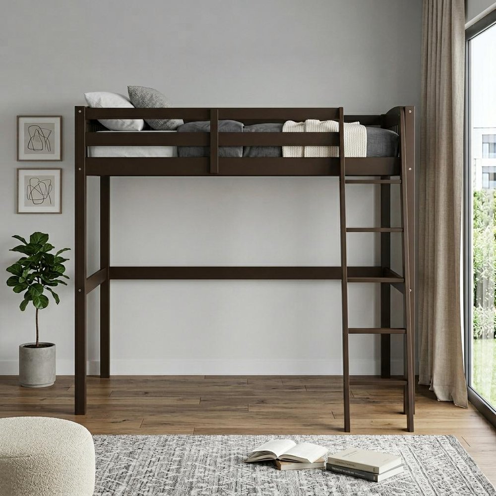 Brown Slat Solid Wood Twin Loft Bed
