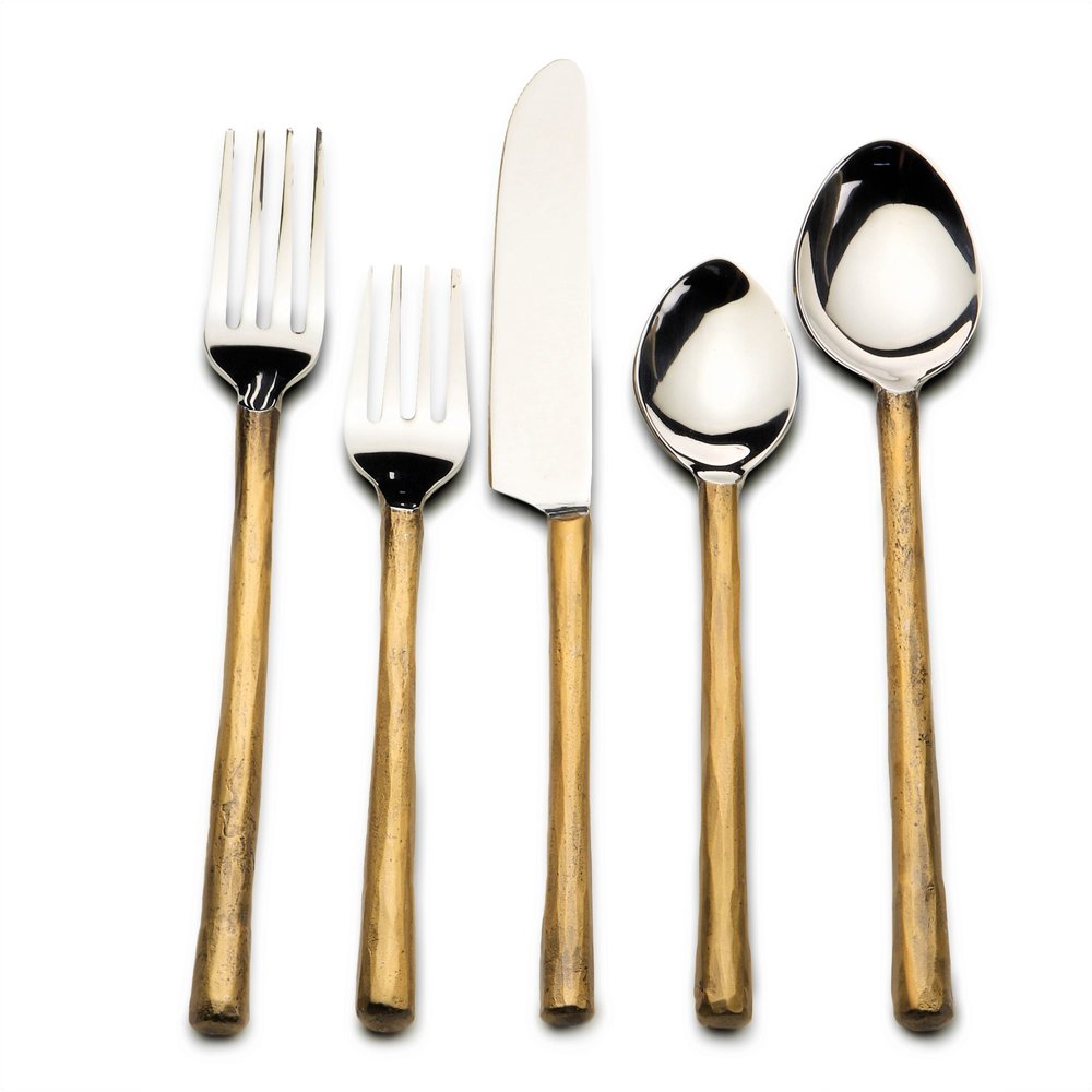 Matte Gold Stainless Steel Twenty Piece Hand Forged Flatware Set on a white background