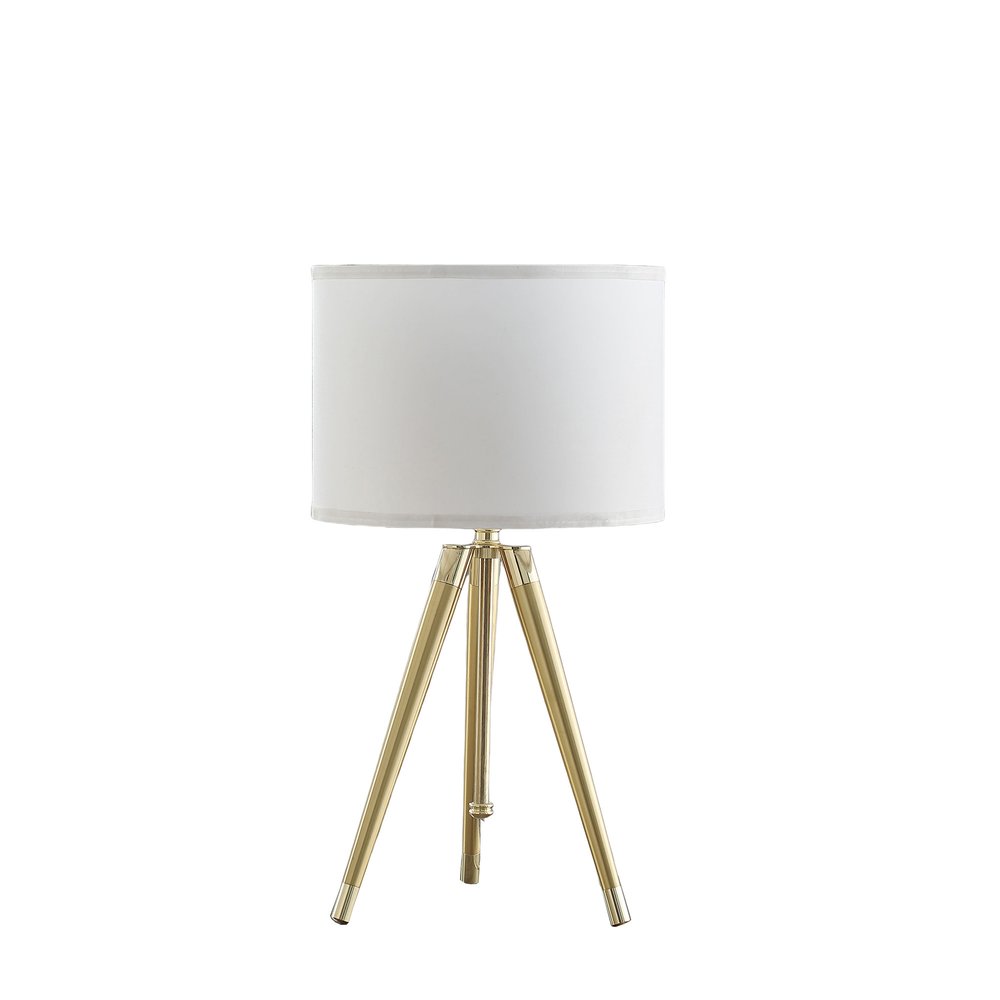 Gold Metal Adjustable Height Tripod Table Lamp With White Drum Shade on a white background