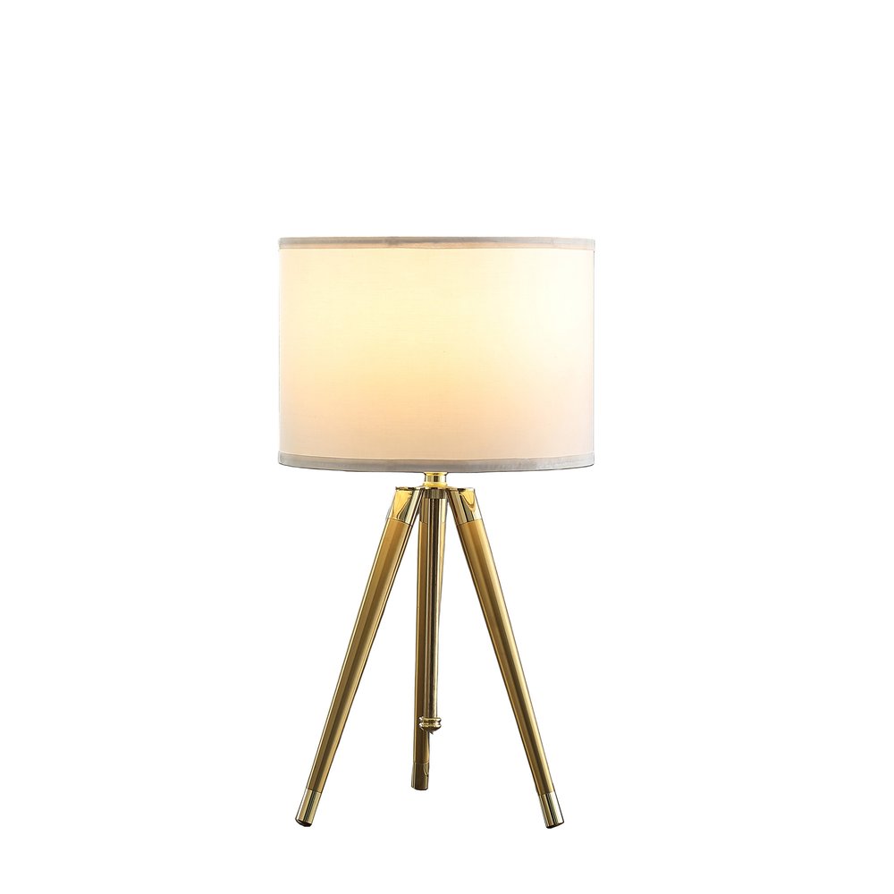 Gold Metal Adjustable Height Tripod Table Lamp With White Drum Shade on a white background
