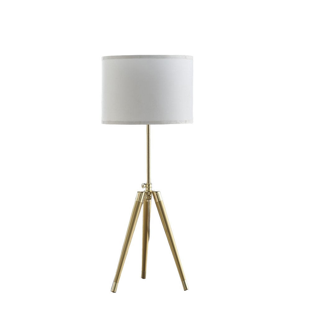 Gold Metal Adjustable Height Tripod Table Lamp With White Drum Shade on a white background