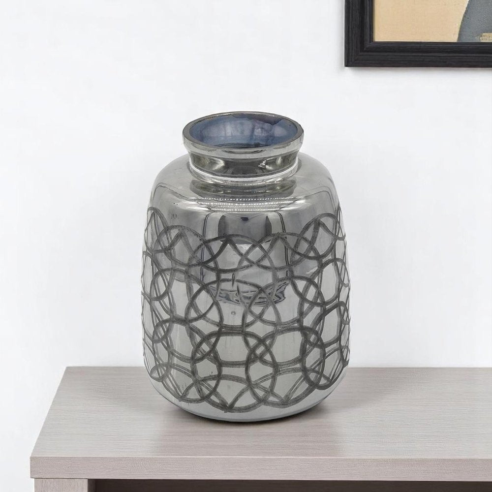 9" Dark Gray Geometric Etched Glass Table Vase on a white background