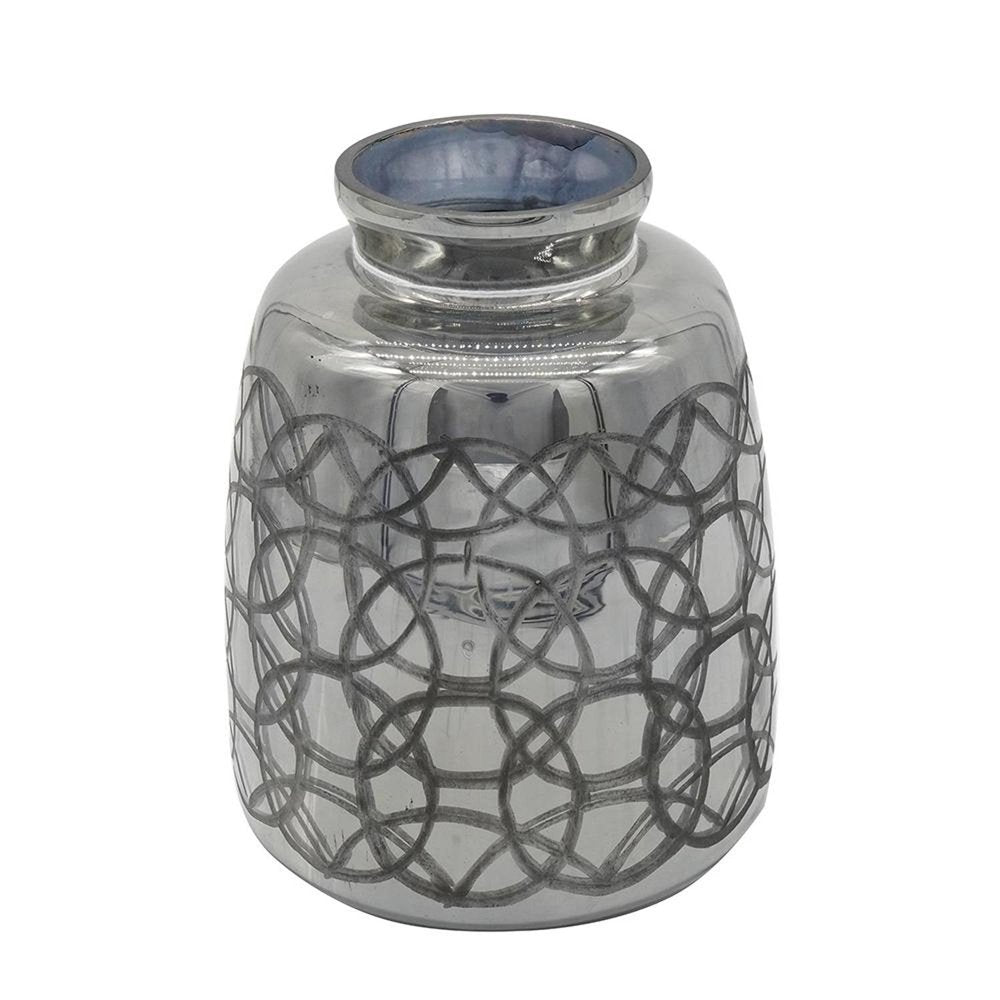 A dark gray glass table vase with a geometric etched pattern and a blue interior, set against a white background.