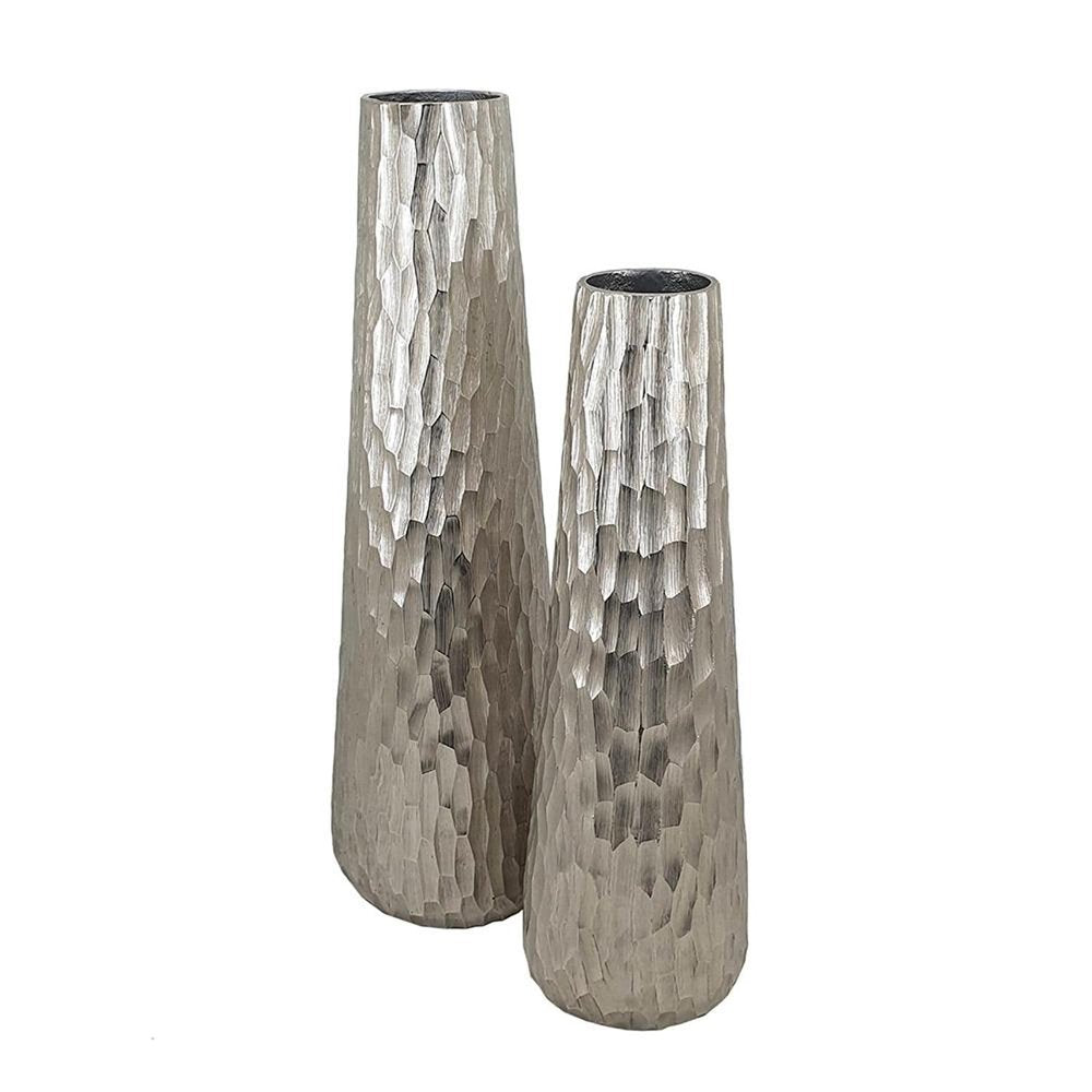 Set of Two Silver Cast Aluminum Textured Table Vases on a white background