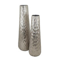 Set of Two Silver Cast Aluminum Textured Table Vases on a white background