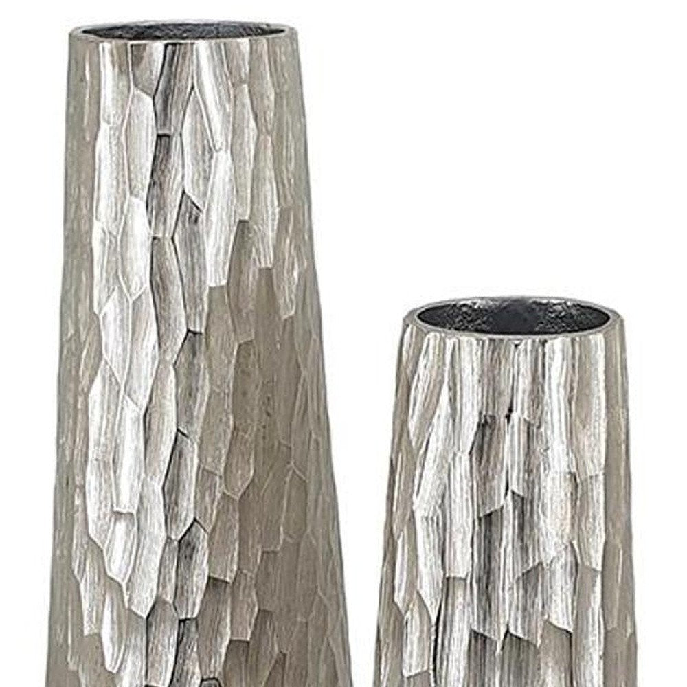 Set of Two Silver Cast Aluminum Textured Table Vases on a white background