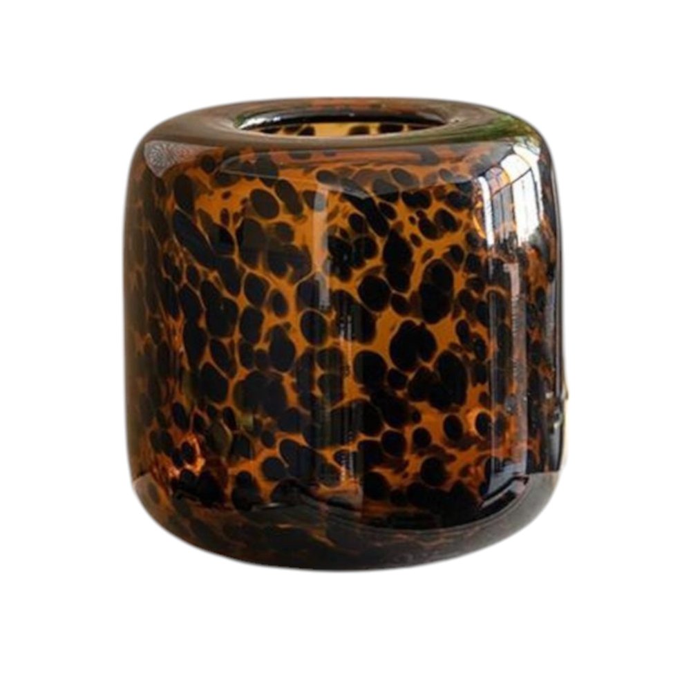 8" Amber And Black Animal Print Glass Round Table Vase on a white background