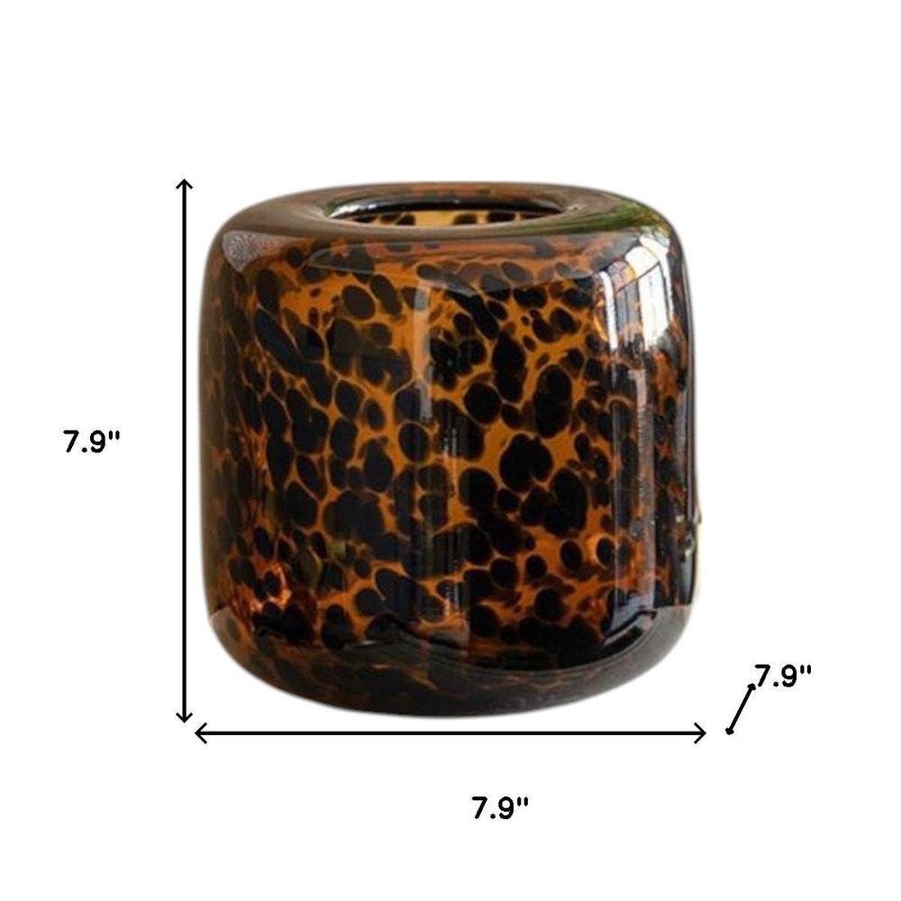 8" Amber And Black Animal Print Glass Round Table Vase on a white background
