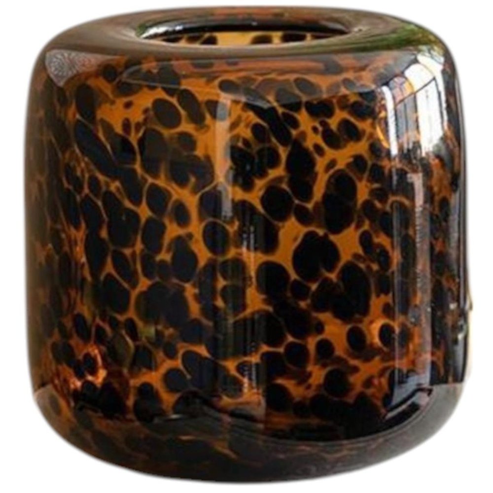 8" Amber And Black Animal Print Glass Round Table Vase on a white background
