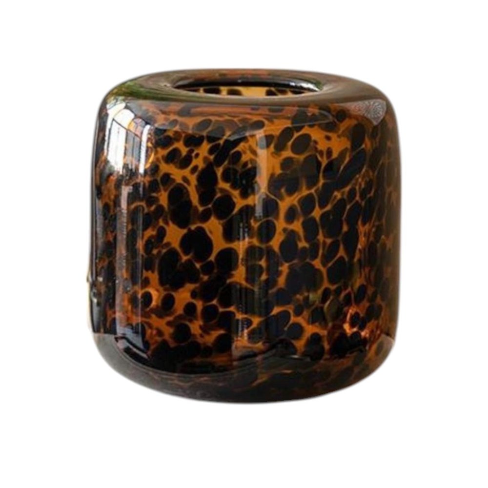 8" Amber And Black Animal Print Glass Round Table Vase on a white background