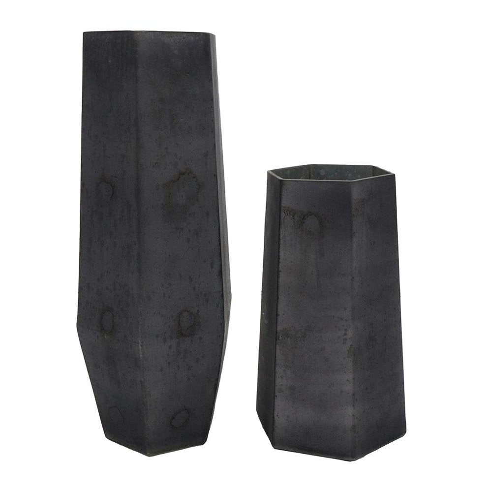 Set of Two Black Hexagonal Glass Table Vases on a white background