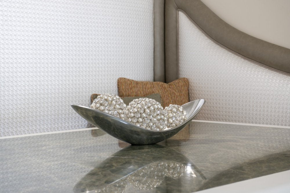 20" Silver Aluminum Contemporary Scoop Decorative Bowl. Serving bowl in silver metal.