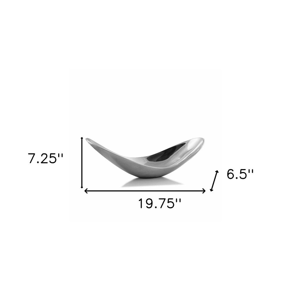 20" Silver Aluminum Contemporary Scoop Decorative Bowl. Serving bowl isolated on a plain white background, finished in silver metal.