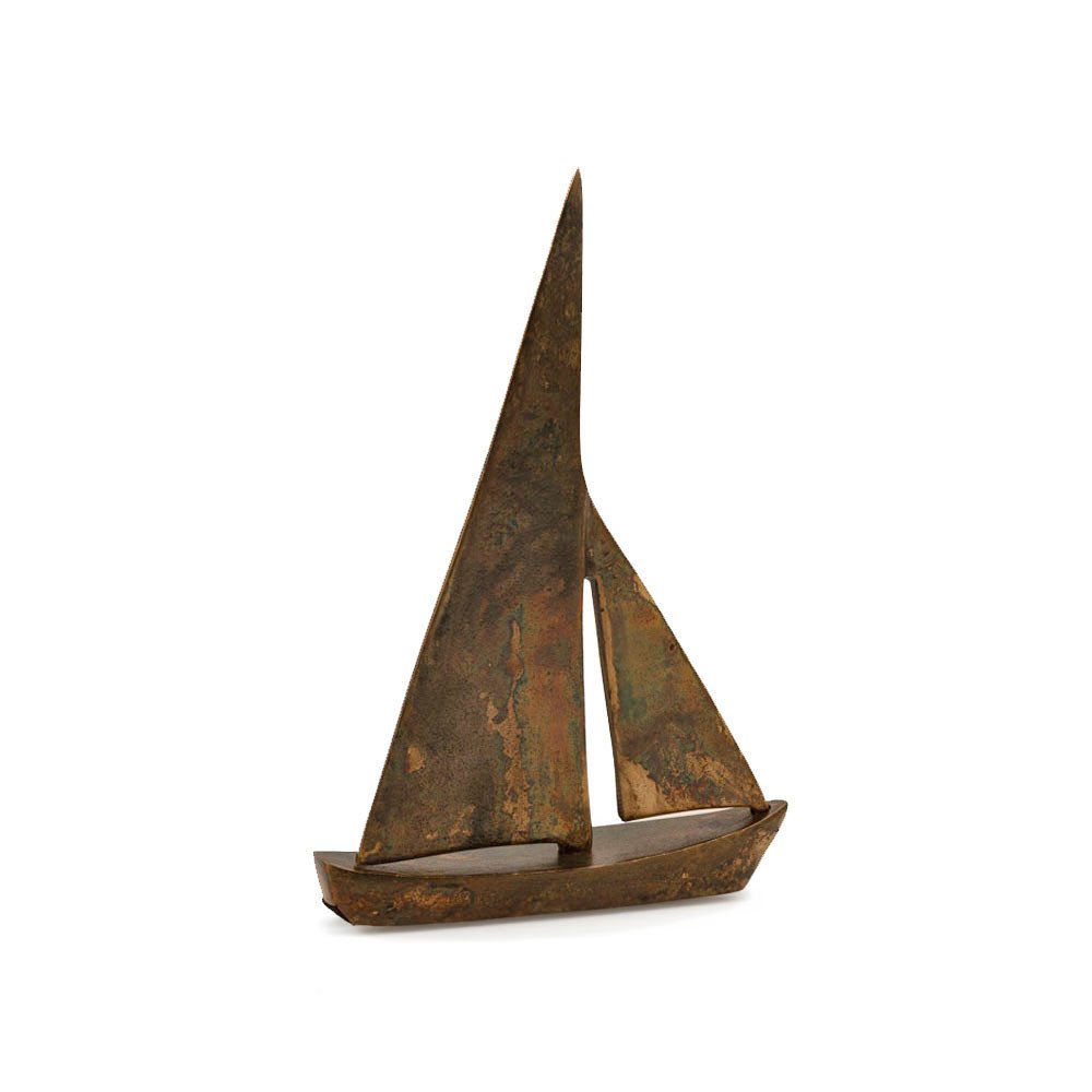 12" Rust Aluminum Decorative Sailboat Tabletop Sculpture. Sculpture isolated on a plain white background, finished in dark brown metal.