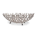 22" Silver Aluminum Faux Coral Oval Centerpiece Bowl. Serving bowl isolated on a plain white background, finished in silver metal.