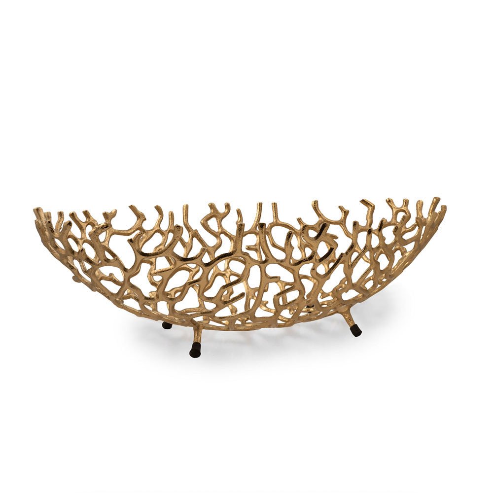 22" Silver Aluminum Faux Coral Oval Centerpiece Bowl. Serving bowl isolated on a plain white background, showing a metal surface.