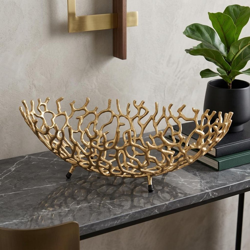 22" Gold Aluminum Oval Faux Coral Centerpiece Bowl