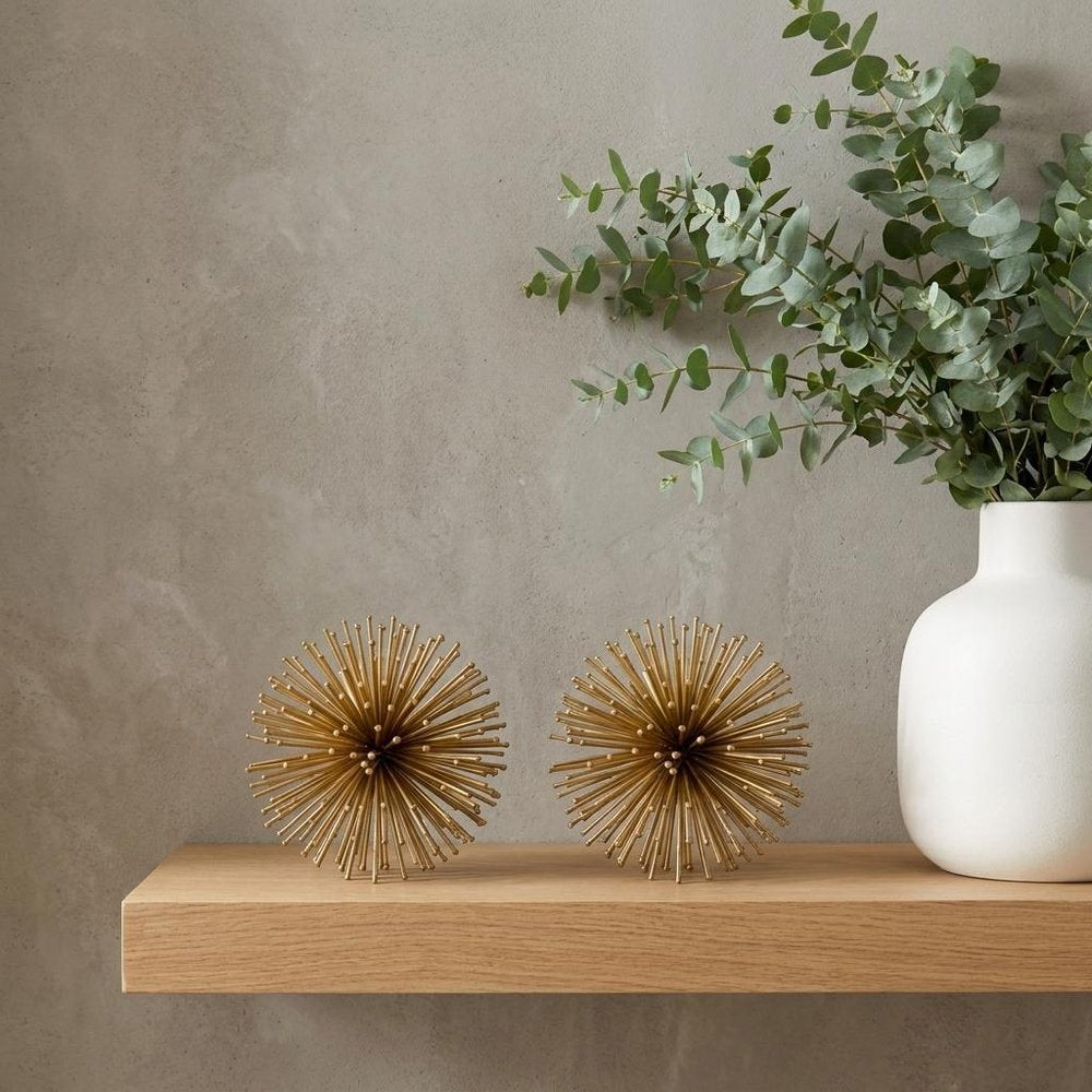 Set of Two Gold Iron Decorative Spiky Sphere Tabletop Sculptures