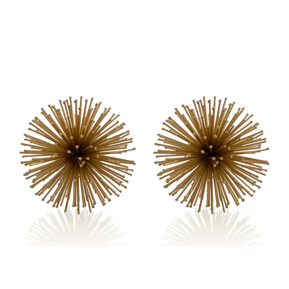Set of Two Gold Iron Decorative Spiky Sphere Tabletop Sculptures on a white background
