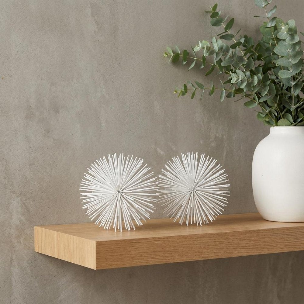 Set of Two White Iron Decorative Spiky Sphere Tabletop Sculpture