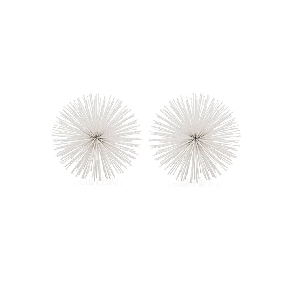 Set of Two White Iron Decorative Spiky Sphere Tabletop Sculpture