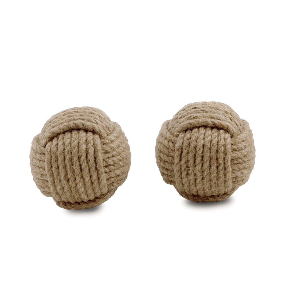 Two natural jute decorative orb tabletop sculptures on a white background.